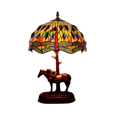 Coffee 1-Head Table Lighting Baroque Stained Glass Dragonfly Patterned Night Lamp with Resin Horse and Kid Deco