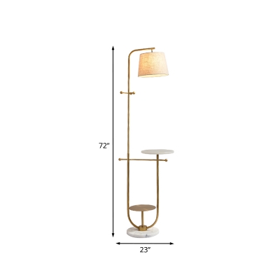 Conic Living Room Floor Light Post-Modern Single Bulb Fabric Standing Lamp with Marble Tray and Hook in Gold
