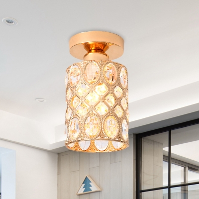 Crystal-Encrusted Gold Flush Mounted Lamp Cylinder Hollowed Out 1-Light Modern Style Ceiling Light