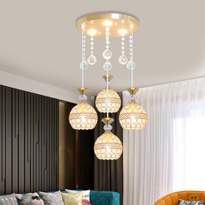 Crystal Globe Cluster Pendant Simplicity 4 Heads Suspension Lighting Fixture in Gold with Round Canopy