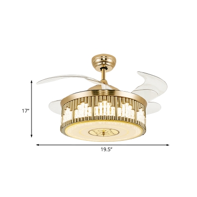 Crystal Strip Drum Ceiling Fan Lamp Modernist LED Gold Semi Flushmount with 3 Blades, 19.5