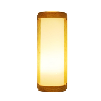 Cylindrical Kitchen Wall Lamp Frosted White Glass 1 Bulb Asian Style Sconce Light in Wood