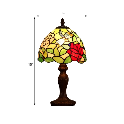 Dome Cut Glass Table Lighting Tiffany Style 1 Light Dark Wood Dragonfly and Bloom Patterned Night Lamp
