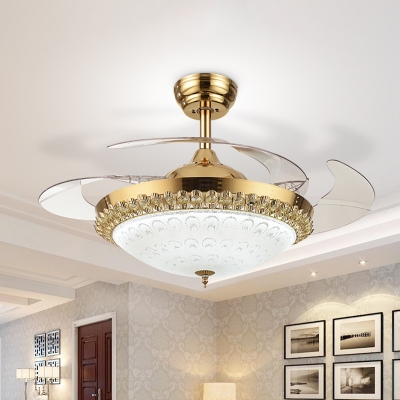Domed Living Room Hanging Fan Lighting Faceted Crystal LED Modern Semi Flush Lamp in Gold with 3 Blades, 42.5