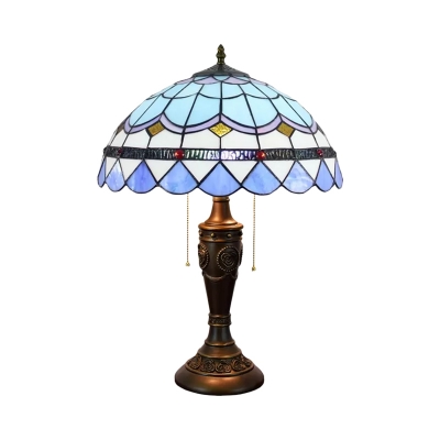 Domed Night Table Lamp Victorian Cut Glass 2-Light Beige/Blue and White Pull Chain Nightstand Light for Bedroom