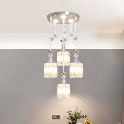 Drum Beveled Crystal Multi Light Pendant Contemporary 4 Heads Silver Hanging Lamp Kit for Dining Room