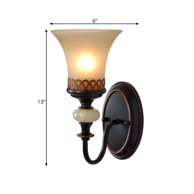 Flared Living Room Wall Light Vintage Frosted Glass 1 Head Black Wall Sconce Lighting