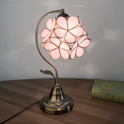 Floral Nightstand Lamp Tiffany Style Pink Glass 1-Light Bronze Night Lighting with Curved Arm