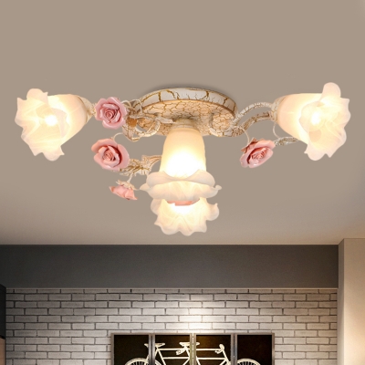 Flower Bedroom Semi Flush Mount Pastoral Ivory Glass 4/6 Lights Pink Flush Light Fixture
