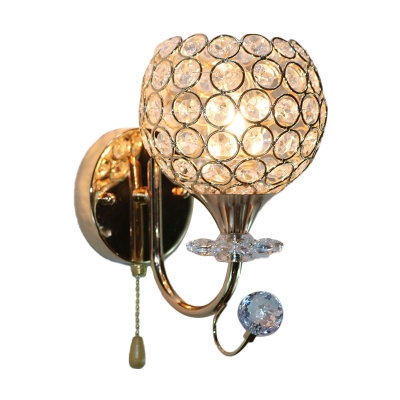Gold 1 Head Wall Mounted Light Simple Crystal Hemispherical Sconce Lamp with Pull Chain