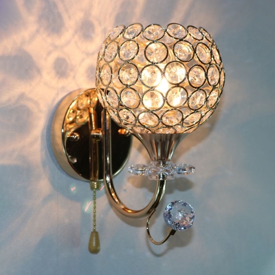 Gold 1 Head Wall Mounted Light Simple Crystal Hemispherical Sconce Lamp with Pull Chain