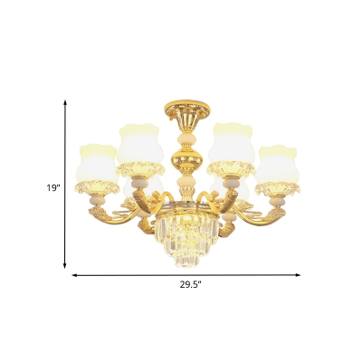 Gold 3/6-Light Ceiling Mount Chandelier Modern Crystal Tiers Semi Flush Mount with Scalloped Opal Glass Shade