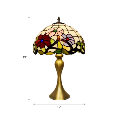 Gold Curved Shape Nightstand Light Tiffany 1-Light Metal Table Lamp with Peony Blossom Cut Glass Shade