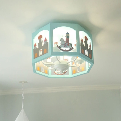 Green Faceted Drum Semi Flush Cartoon 6-Head Wood Ceiling Flush Mount Lamp with Castle and Knight Silhouette