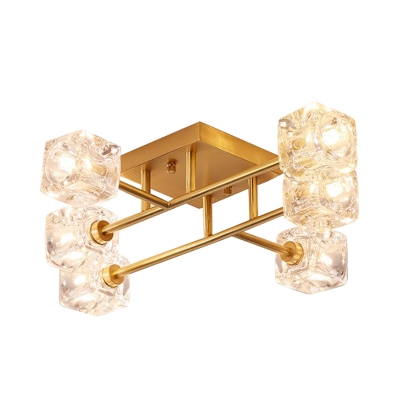Ice Cube Bedroom Semi Flush Light Postmodern Crystal 4/6 Heads Brass Ceiling Mount Chandelier