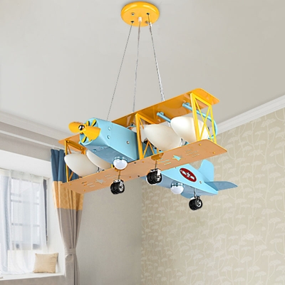 Iron Biplane Chandelier Lamp Kids Style 4 Bulbs Blue Pendant Light with White Glass Shade