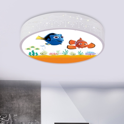 Iron Round Ceiling Mounted Fixture Kids LED Blue Flush Mount Light with Fish Pattern