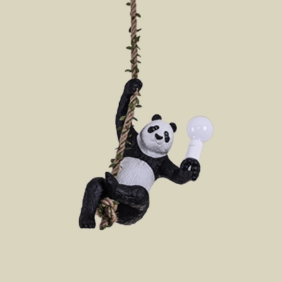 Jungle Panda Pendant Lamp Cartoon Resin 1 Bulb Black and White Pendulum Light with Rope Cord