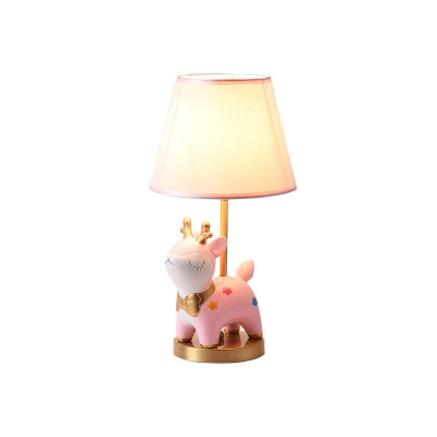 Kids Deer/Unicorn Table Light Resin 1-Bulb Bedroom Night Lamp in Pink/Blue with Tapered Fabric Shade