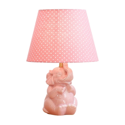Kids Elephant Nightstand Lamp Ceramic 1 Head Living Room Table Light with Dotted Fabric Shade in Pink