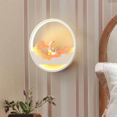 Kids Style LED Wall Light White Girl/Sleeping Bear/Monk Circular Sconce Lighting with Acrylic Shade