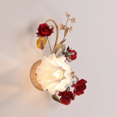 Korean Flower Scalloped Wall Lamp 1-Bulb Cream Glass Wall Sconce in Red Brown for Bedroom, Left/Right