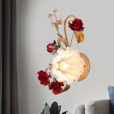 Korean Flower Scalloped Wall Lamp 1-Bulb Cream Glass Wall Sconce in Red Brown for Bedroom, Left/Right