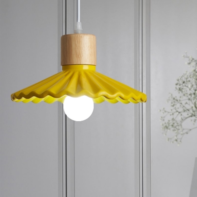 Macaron 1 Bulb Pendant Light Yellow/Grey/Blue Scalloped Mini Suspension Lamp with Resin Shade and Wood Top
