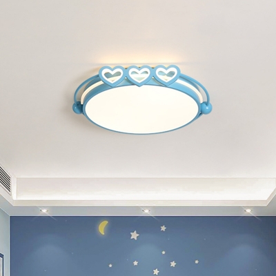 Macaron Round LED Ceiling Lighting Aluminum Kids Bedroom Flush Mount Lamp with Heart Love Edge in Pink/Blue