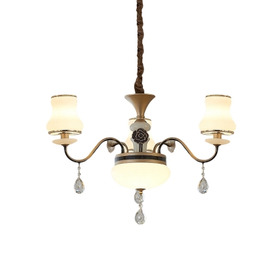 Milk Glass Antiqued Brass Chandelier Curved Jar 3/6-Head Traditional Hanging Lamp with Crystal Drop