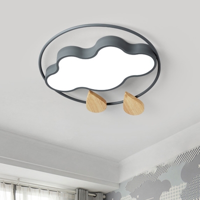 Nordic Raining Cloud LED Ceiling Fixture Acrylic Grey/White/Green and Wood Flush Mount Lighting for Bedroom