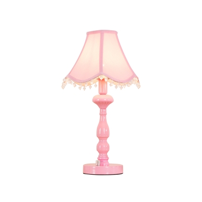 Paneled Bell Fabric Table Lamp Korean Garden 1 Bulb Living Room Nightstand Light in Pink with Bead Trim