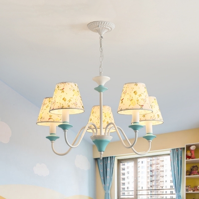 Pastoral Cone Pendant Chandelier 5 Heads Fabric Ceiling Light in Blue with Floral Pattern