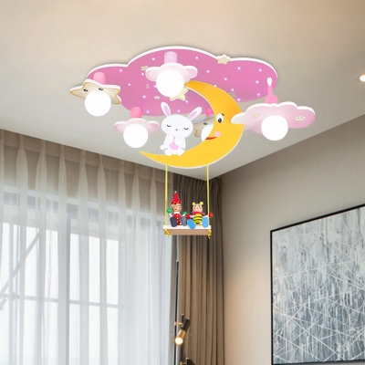 Pink/Blue Starry Sky Semi Flush Mount Cartoon 5 Bulbs Wood Close to Ceiling Lighting with Rabbit Deco