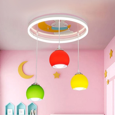 Pink Dome Semi Flush Mount Kids 3 Bulbs Colorful Glass Flush Light with Moon and Rabbit Pattern