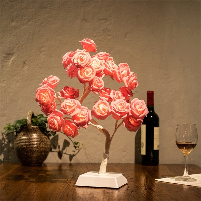 PVC Rose Night Table Lighting Modern LED Pink Branch Nightstand Light for Dining Room