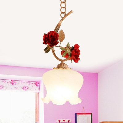 Red Blossom Pendant Light Fixture Pastoral Cream Glass 1 Light Dining Room Hanging Lamp