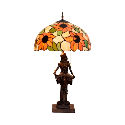 Red/Orange 2-Bulb Nightstand Lighting Victorian Stained Glass Sunflower/Floral Desk Lamp with Resin Reading Women Base
