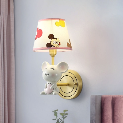 Resin Mouse Wall Mounted Lighting Fixture Cartoon 1 Head Grey Sconce with Patterned Fabric Lampshade