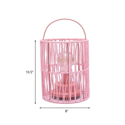 Roped Bucket Cage Small Night Light Macaron Pink LED Table Lamp with Handle for Living Room