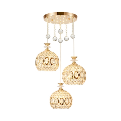 Simple 3 Lights Multi Pendant Light Gold Spherical Ceiling Hang Fixture with Crystal Embedded Shade