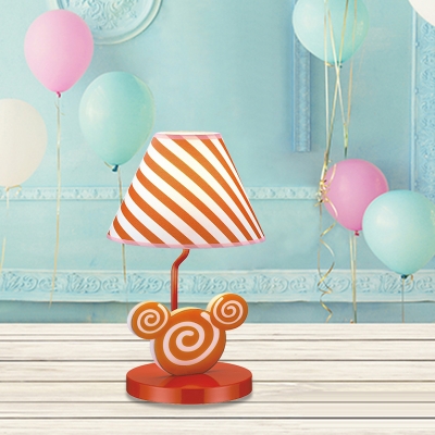 Stripe Fabric Conic Nightstand Light Cartoon Single Table Lamp in Orange with Mouse Head Deco