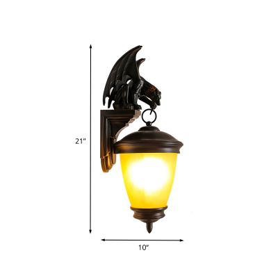 Tapered Outdoor Wall Light Sconce Country Amber Glass 1 Light Dark Coffee Wall Lighting with Batman Backplate