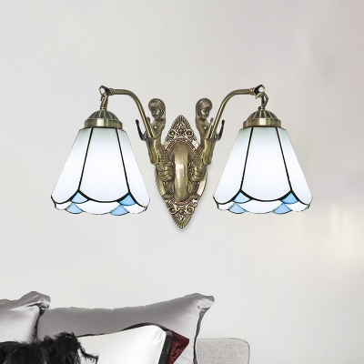 Tiffany Conical Wall Light Kit 2 Bulbs Beige/White Glass Sconce Lamp with Bronze Mermaid Backplate