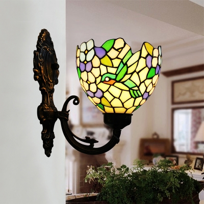 Tiffany Hummingbird Wall Lamp 1-Light Stained Art Glass Sconce Light in Bronze for Living Room