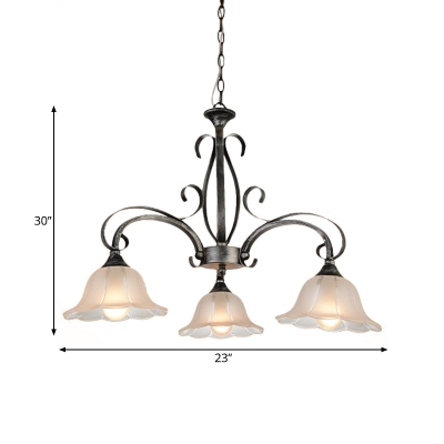 Traditional Floral Pendant Chandelier 3-Light White Glass Hanging Ceiling Light in Silver