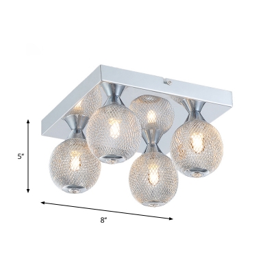 Trellis Cage Ball Flush Mount Lamp Modernist Aluminum 4-Bulb Chrome Close to Ceiling Light