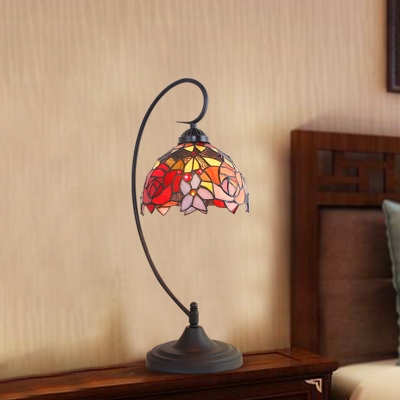 Victorian Bowl Night Lighting 1-Head Stained Glass Nightstand Lamp in Black with Rose Pattern