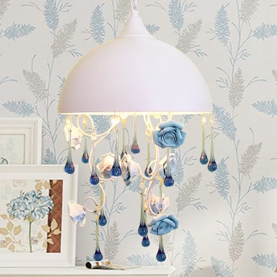 White 3-Light Chandelier Modern Iron Dome Pendant Light with Blue Rose and Crystal Drape