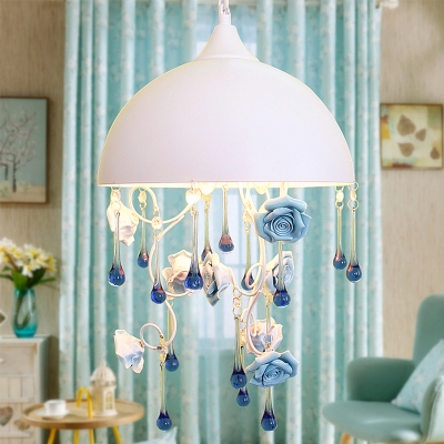 White 3-Light Chandelier Modern Iron Dome Pendant Light with Blue Rose and Crystal Drape